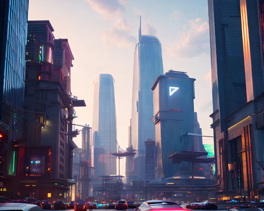 Futuristic cityscape with skyscrapers, neon signs, and busy street