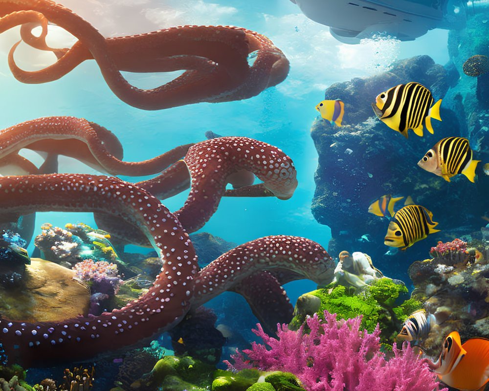 Colorful Underwater Scene with Giant Octopus, Clownfish, Submarine, and Coral Reefs
