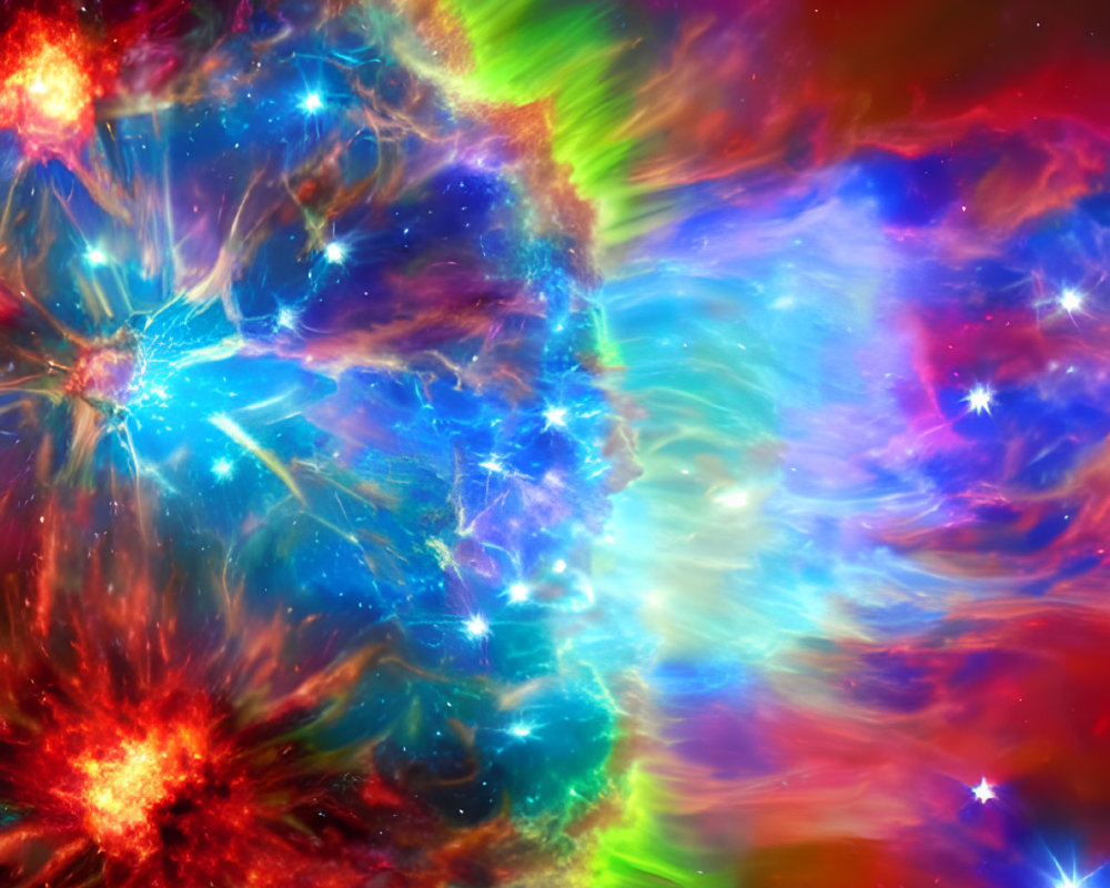 Colorful starburst effect in cosmic scene with red, blue, and green hues