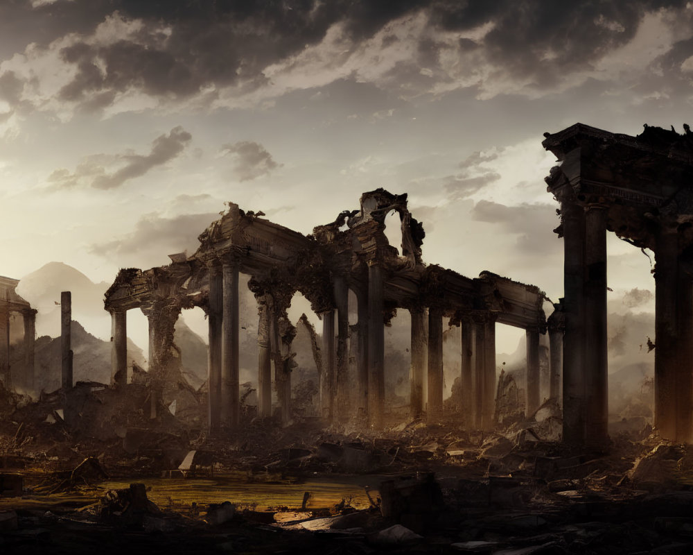 Ancient columns and arches in desolate landscape with dramatic sky