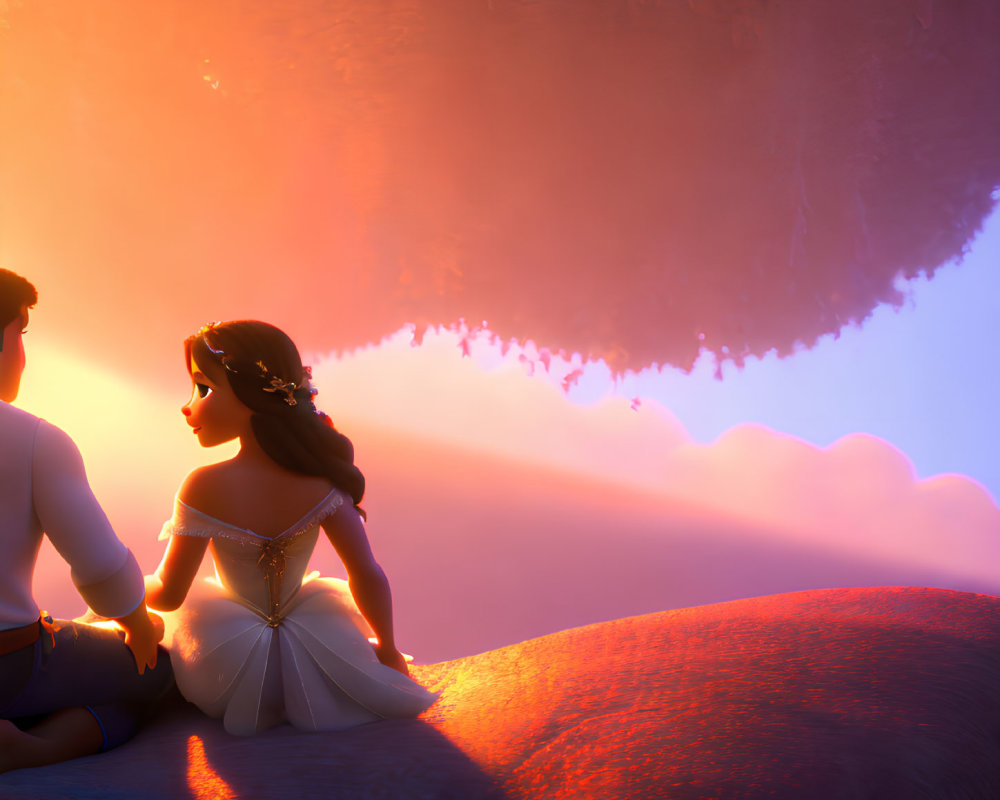 Animated characters on cliff watching surreal sunset with clouds