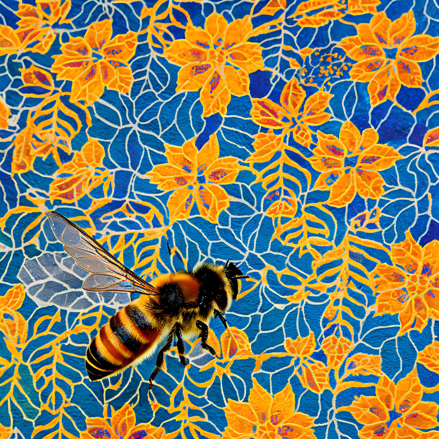 Realistic bee digital artwork on textured blue background with floral patterns