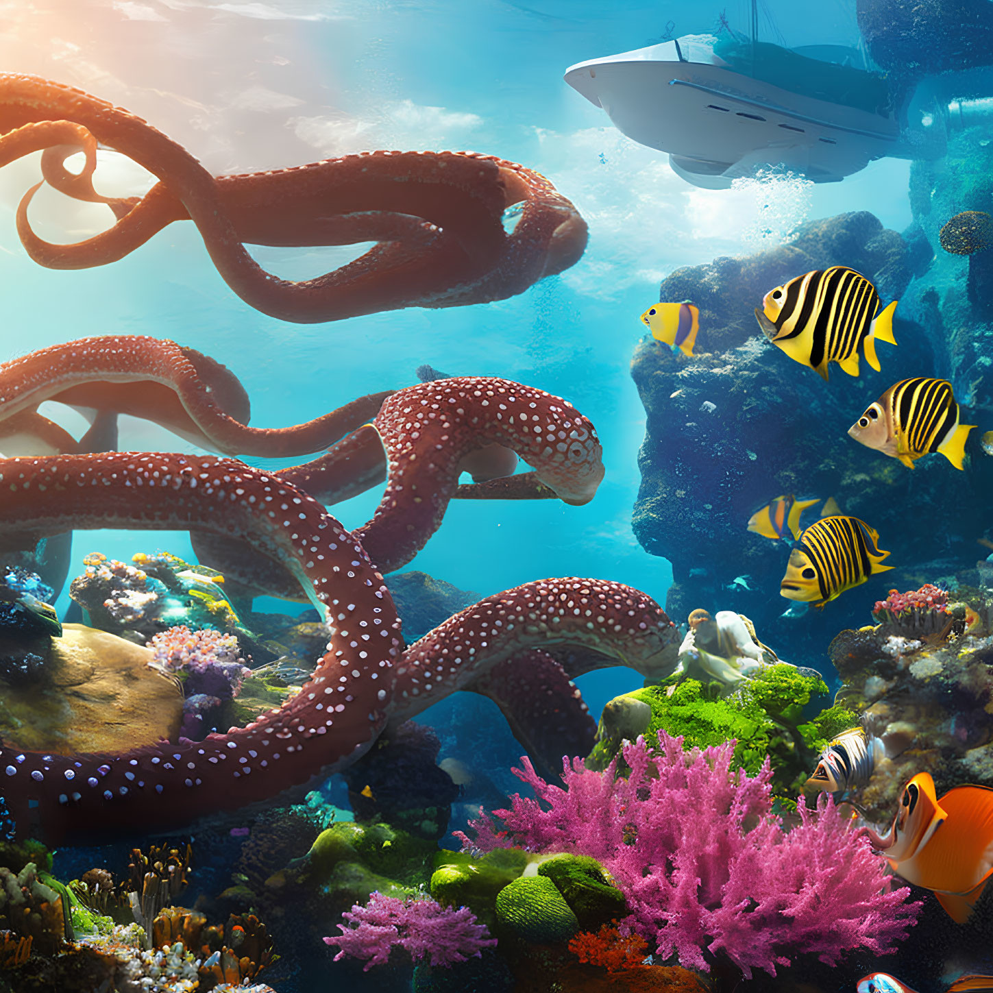 Colorful Underwater Scene with Giant Octopus, Clownfish, Submarine, and Coral Reefs
