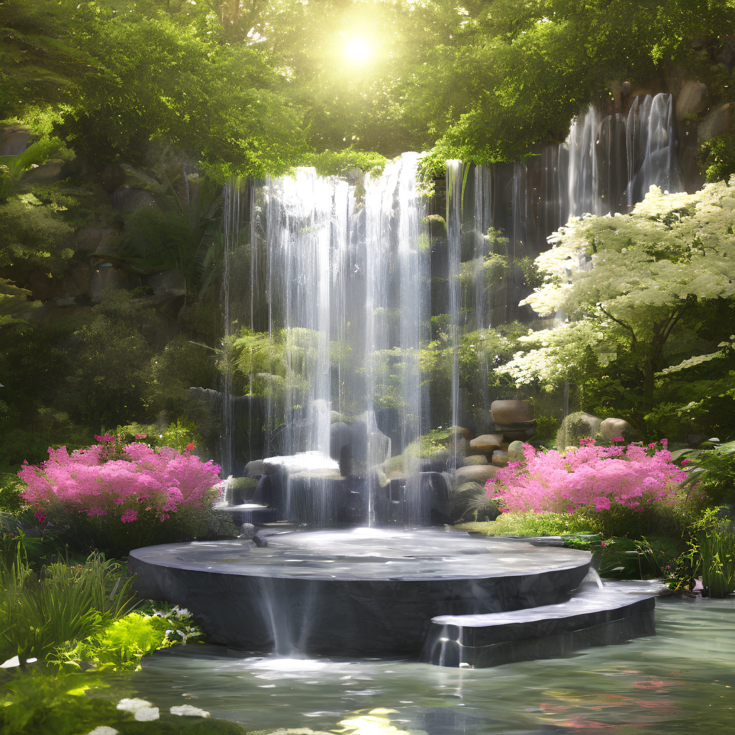Tranquil Waterfall in Lush Garden with Sunlight and Blossoms