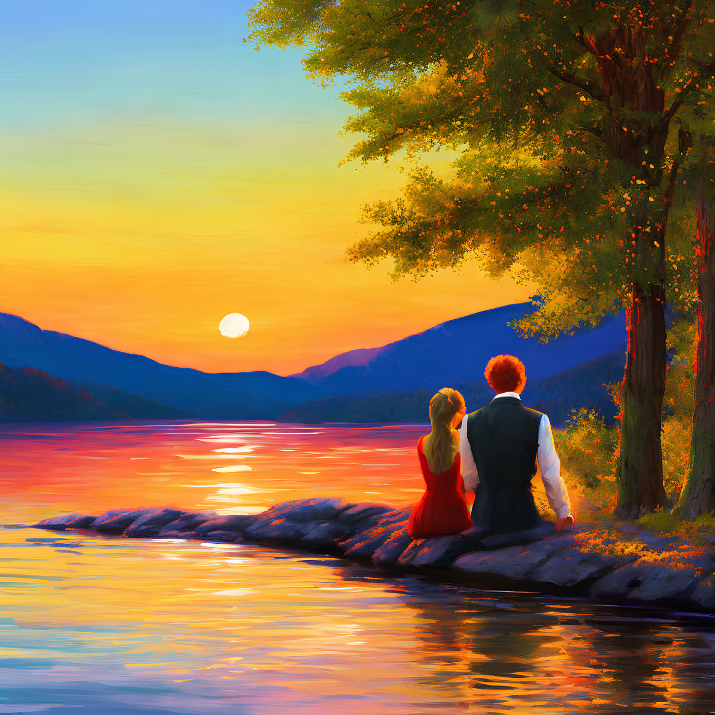 Couple by Lake at Sunset with Vibrant Colors & Mountains