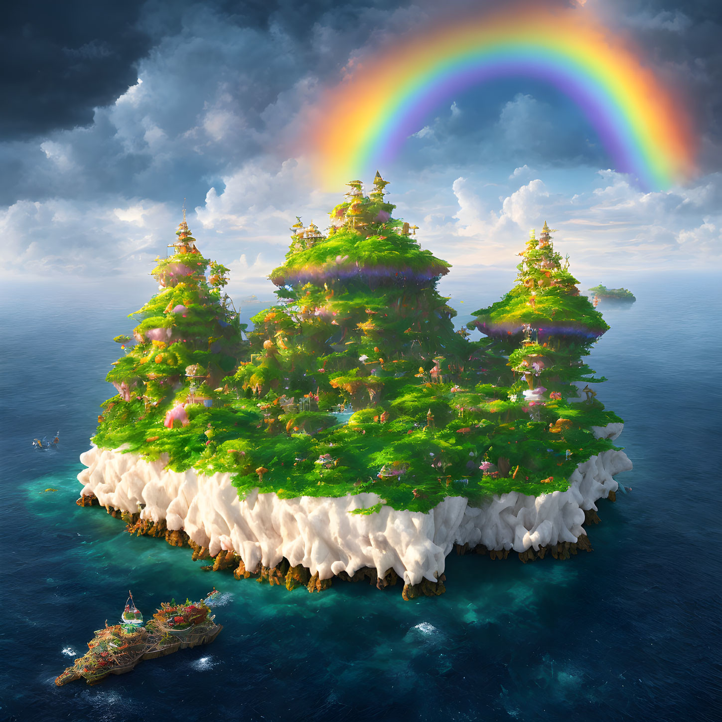Lush island landscape with rainbow, waterfalls, cliffs, and boat