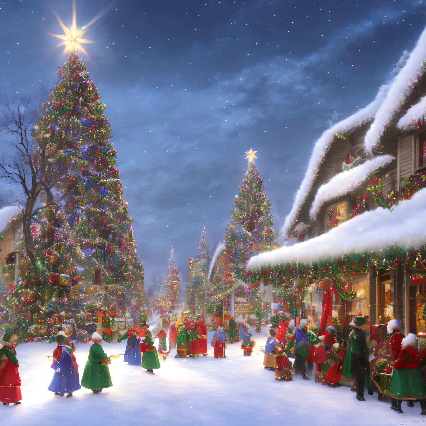 Snowy Christmas Village with Decorated Trees and Festive Attire