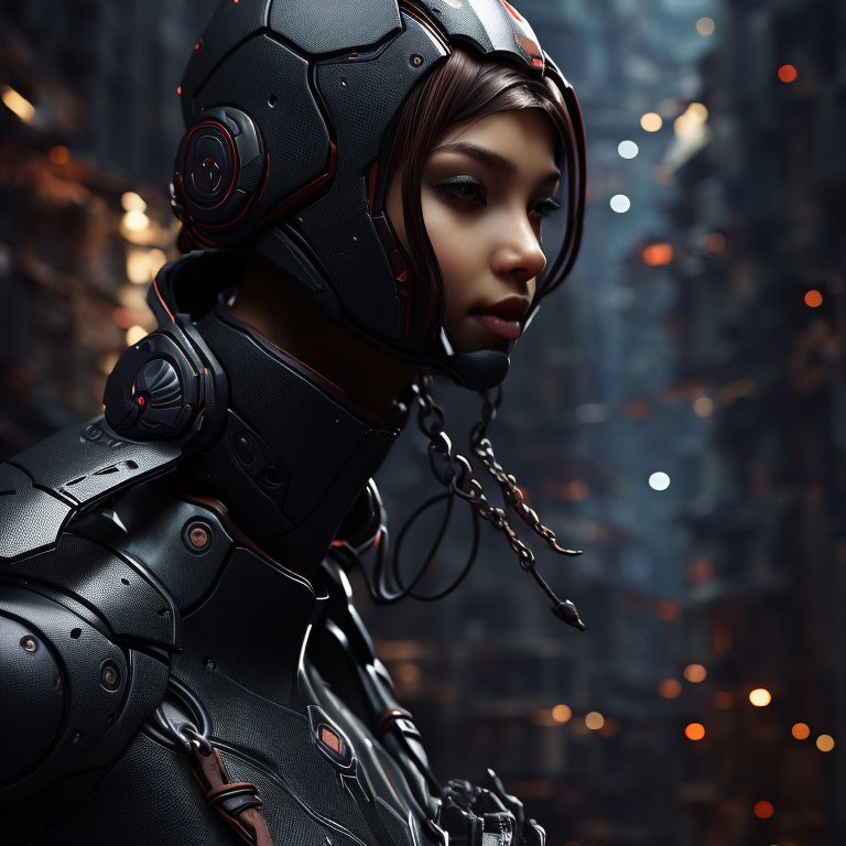 Futuristic black armor suit person against industrial backdrop.