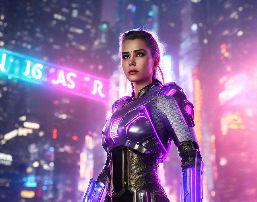 Female character in futuristic armor against neon-lit cityscape at night
