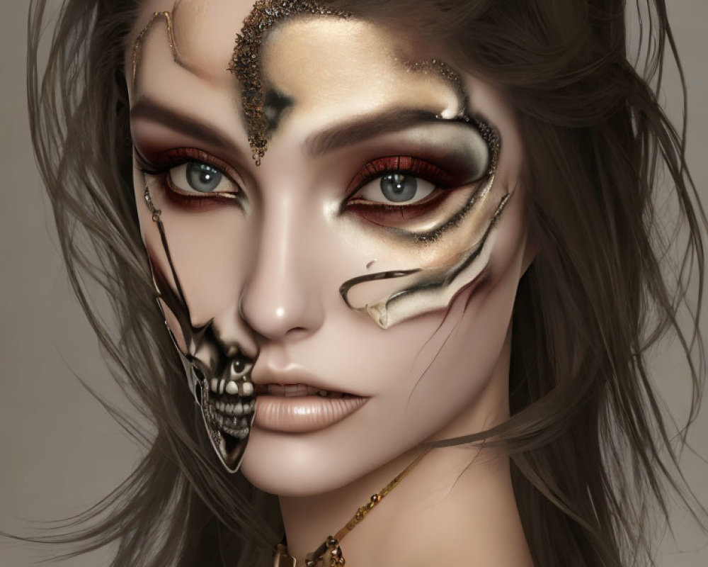 Digital art portrait of woman with skull makeup, gold adornments, intense eyes
