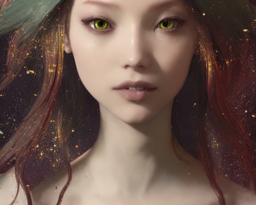 Multicolored Star-Speckled Hair and Green Eyes in Cosmic Portrait