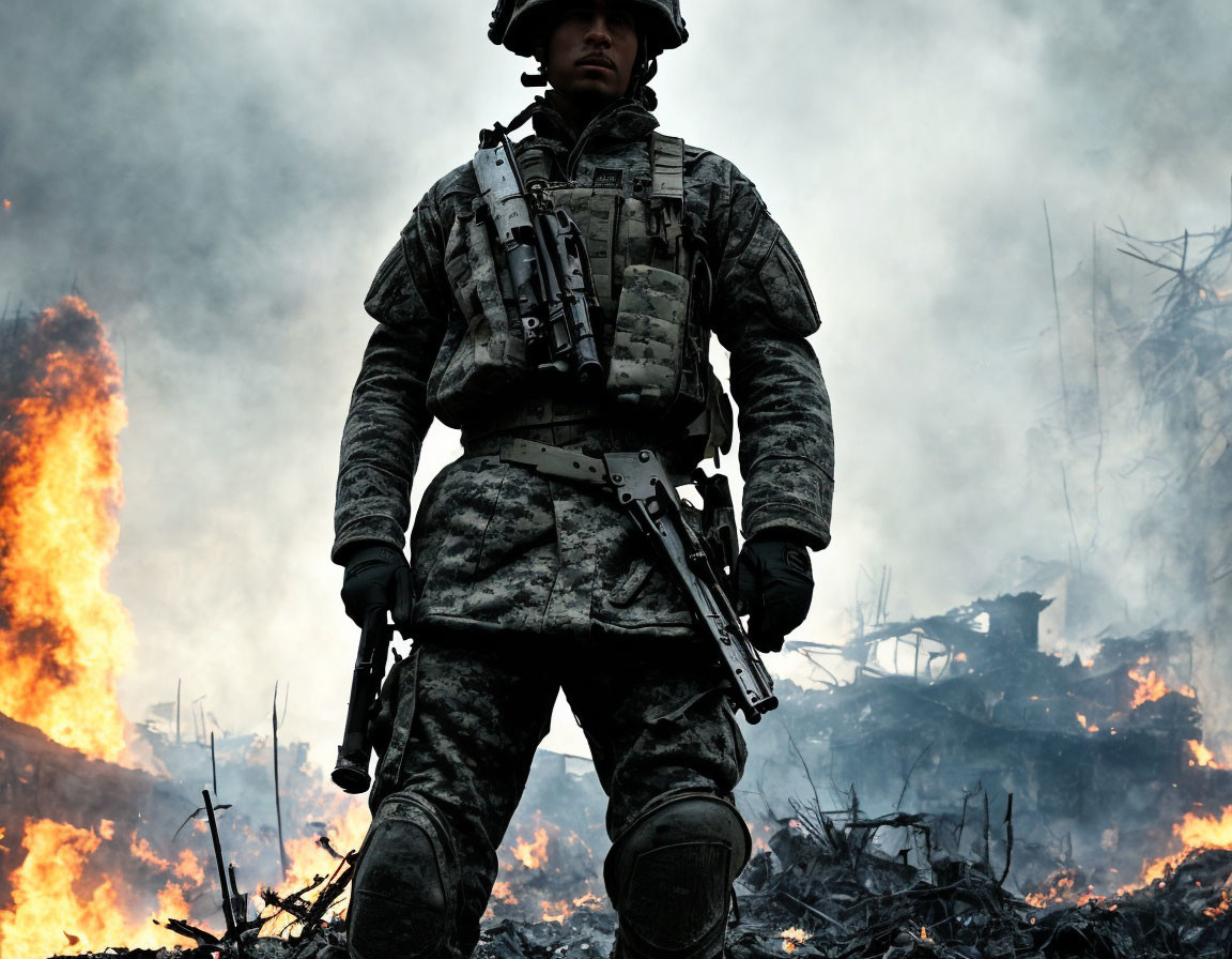 Soldier in combat uniform amidst fiery wreckage and smoke.