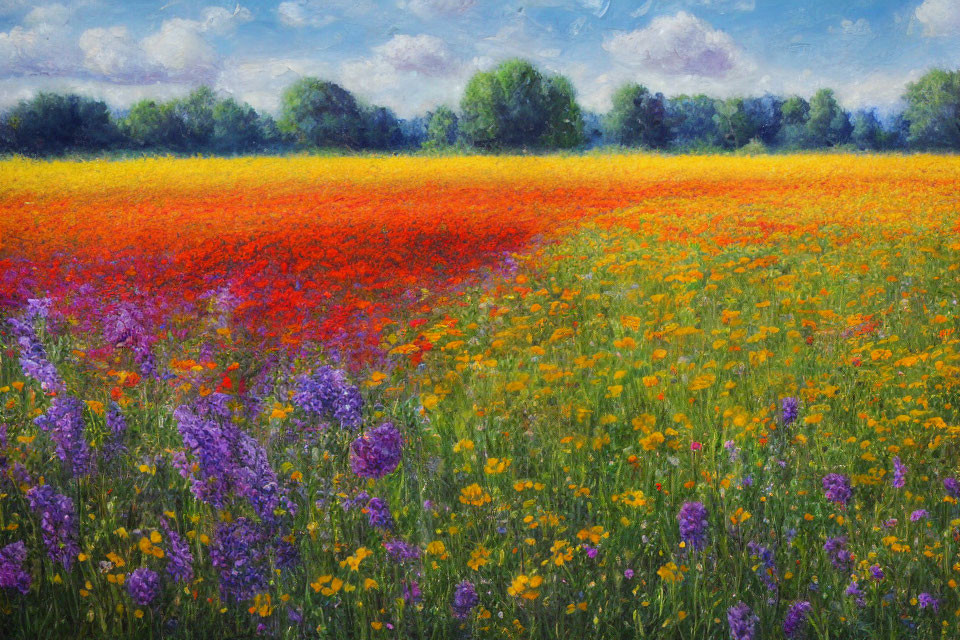 Colorful Wildflowers Field Under Blue Sky and Green Trees