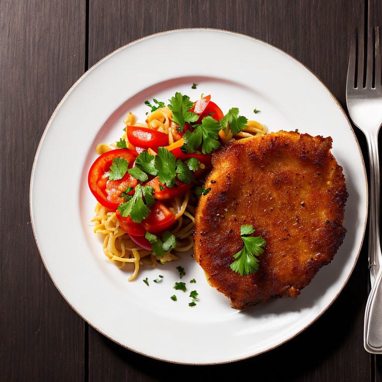 Fried Pork Chop with Spaghetti, Tomatoes, Bell Peppers, and Parsley on White