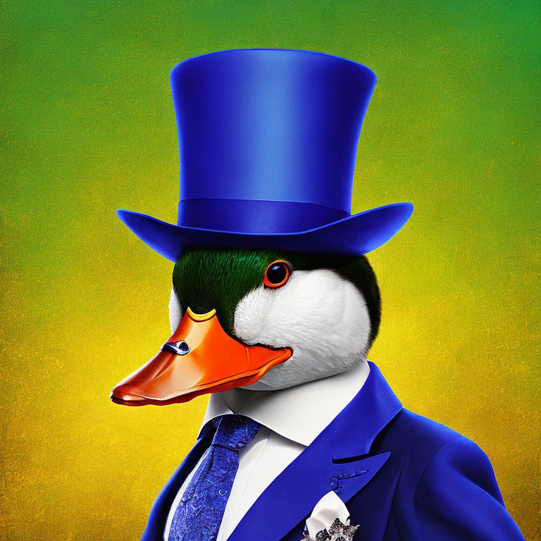 Duck in Blue Suit and Top Hat on Yellow-Green Background