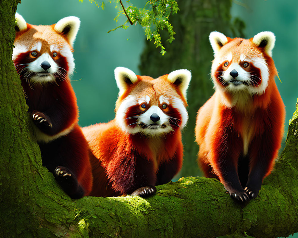 Three red pandas on moss-covered branch in lush green forest