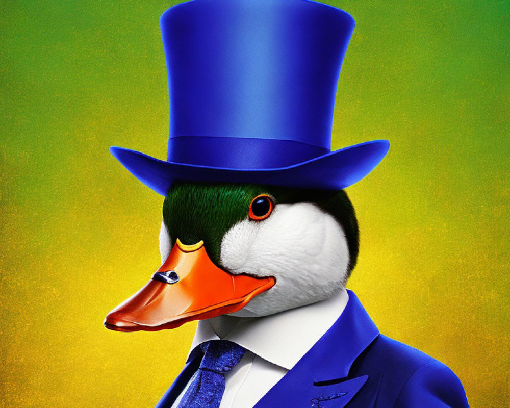 Duck in Blue Suit and Top Hat on Yellow-Green Background