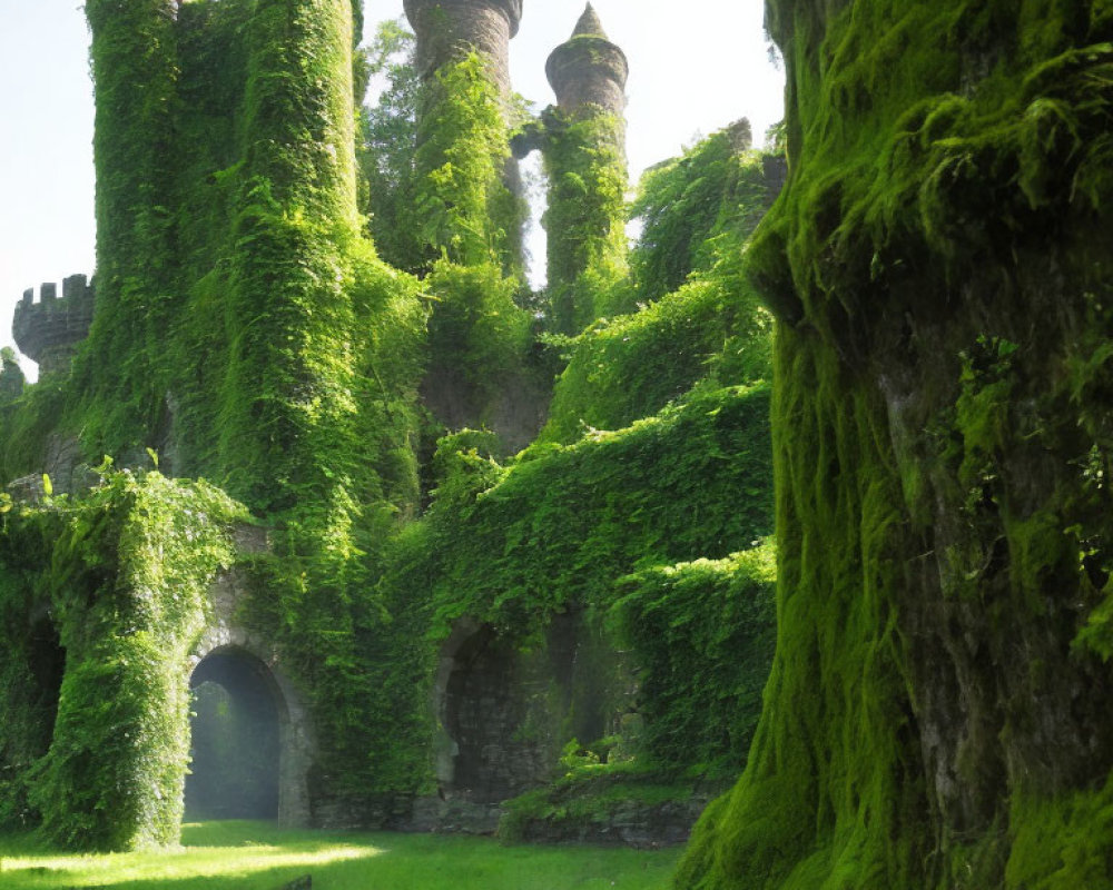 Overgrown ancient castle ruins with lush green ivy and moss