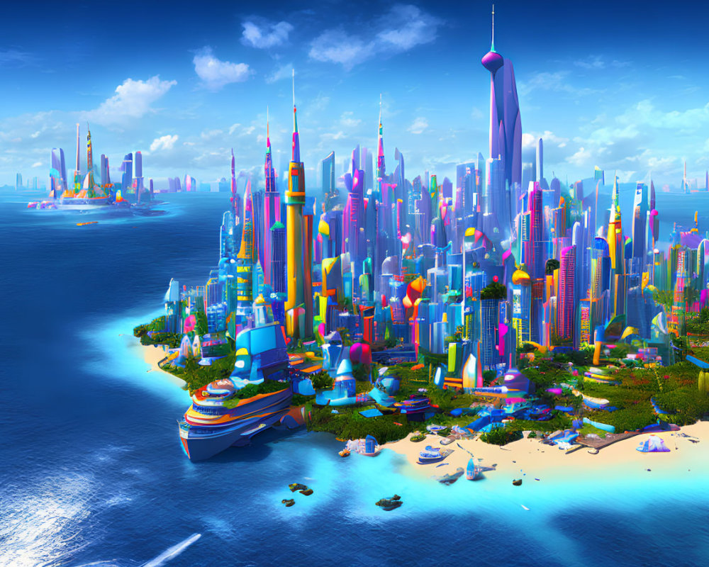 Colorful Skyscrapers in Futuristic Coastal Cityscape