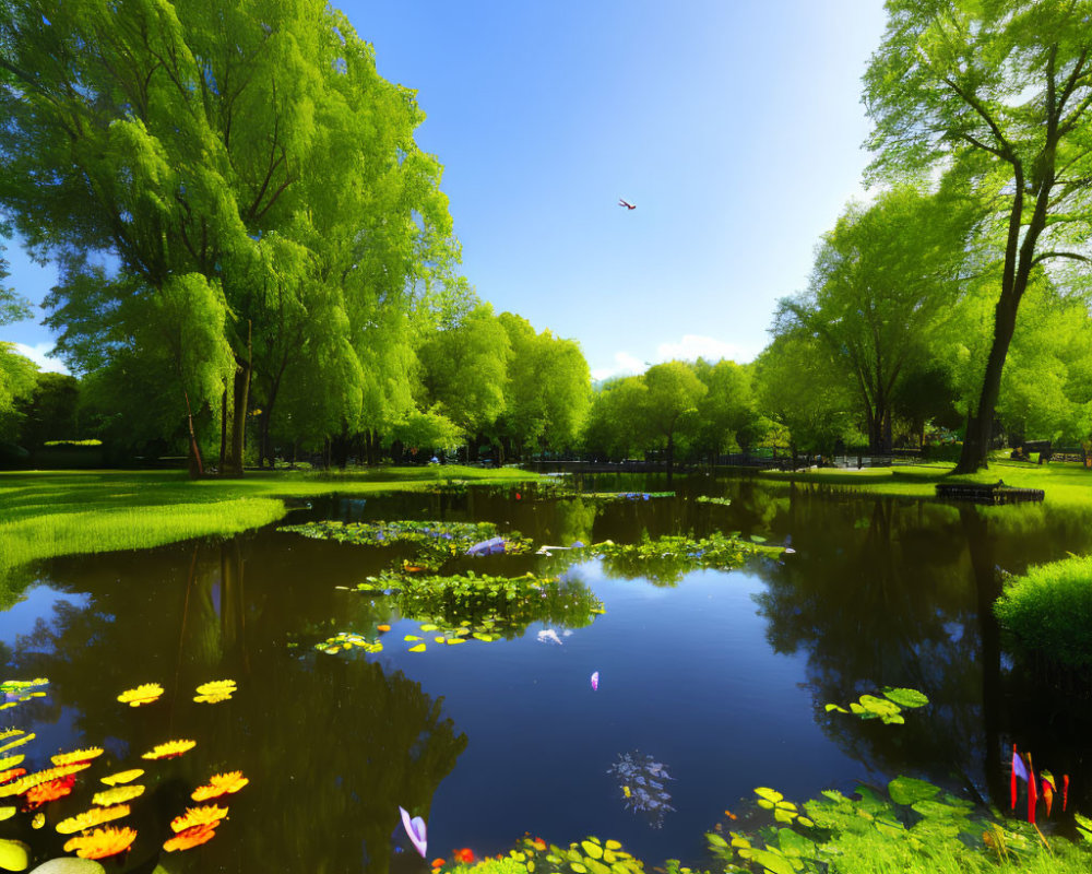 Tranquil Park Scene: Green Trees, Water Lilies, Blue Sky