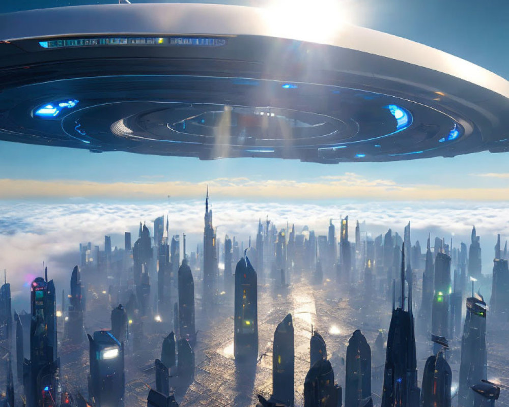 Futuristic cityscape with large UFO and skyscrapers under blue sky