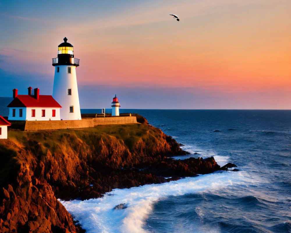 Tranquil coastal sunset with lighthouse, bird, and crashing waves