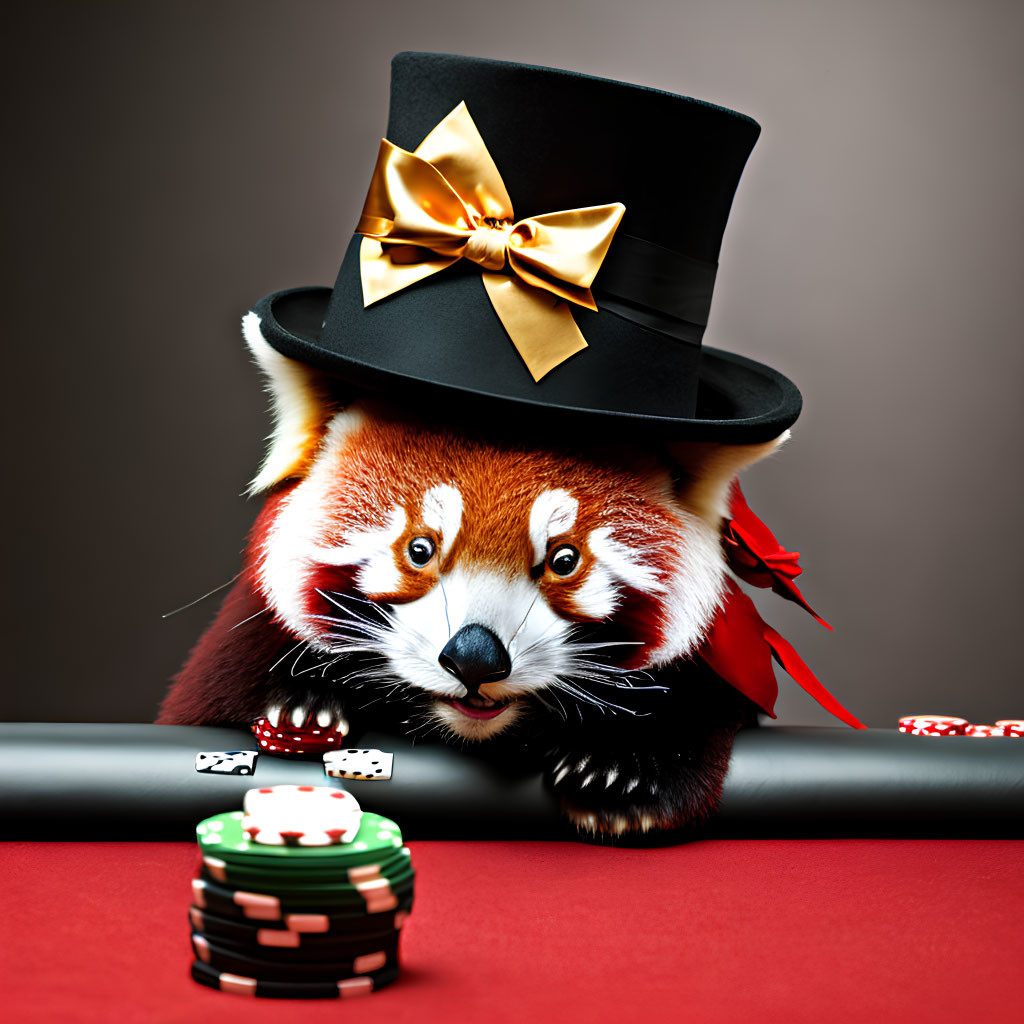 Red panda in top hat at poker table with chips and dice