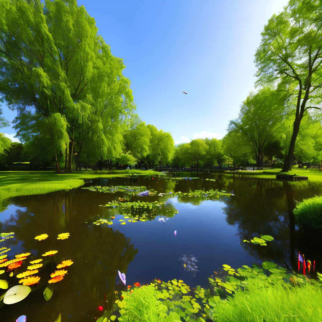 Tranquil Park Scene: Green Trees, Water Lilies, Blue Sky