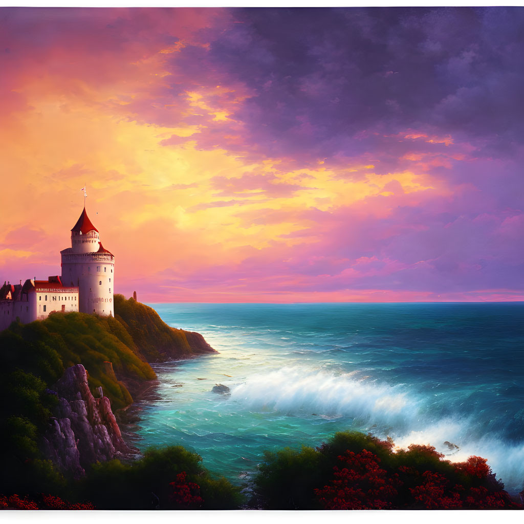 Castle on Cliff Overlooking Stormy Sea at Sunset