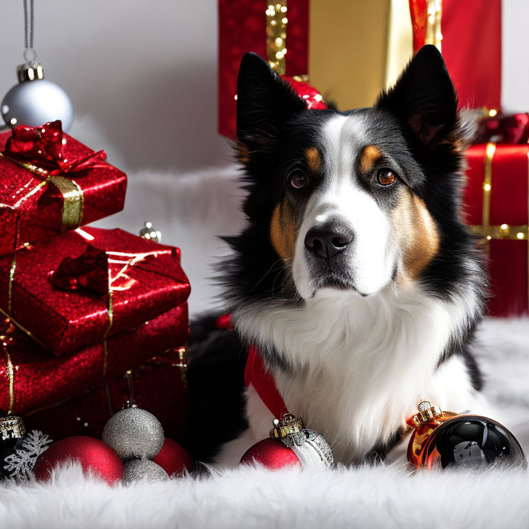 Tricolor Border Collie Surrounded by Christmas Decor