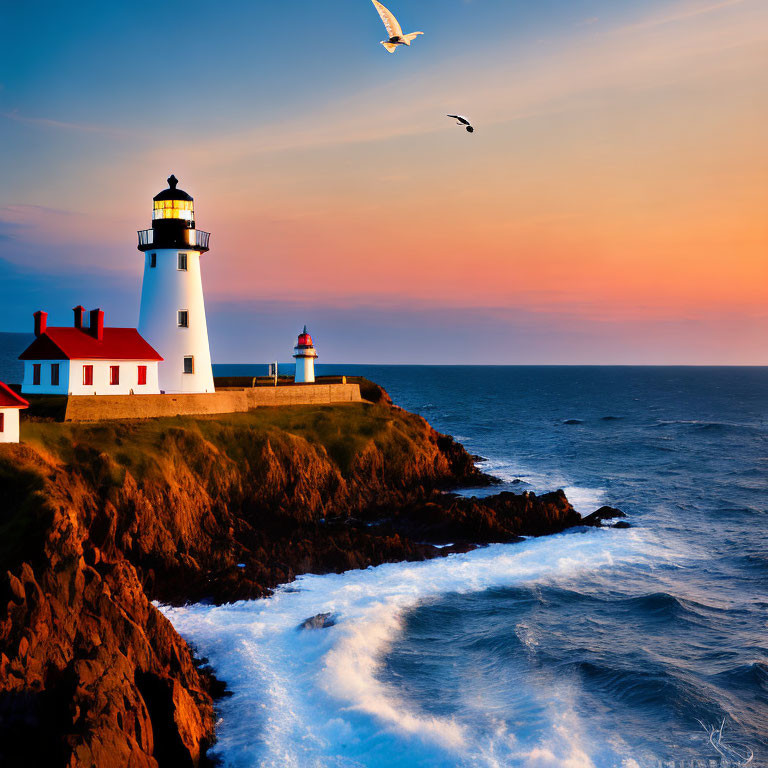 Tranquil coastal sunset with lighthouse, bird, and crashing waves