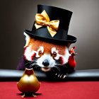 Red panda in top hat at poker table with chips and dice