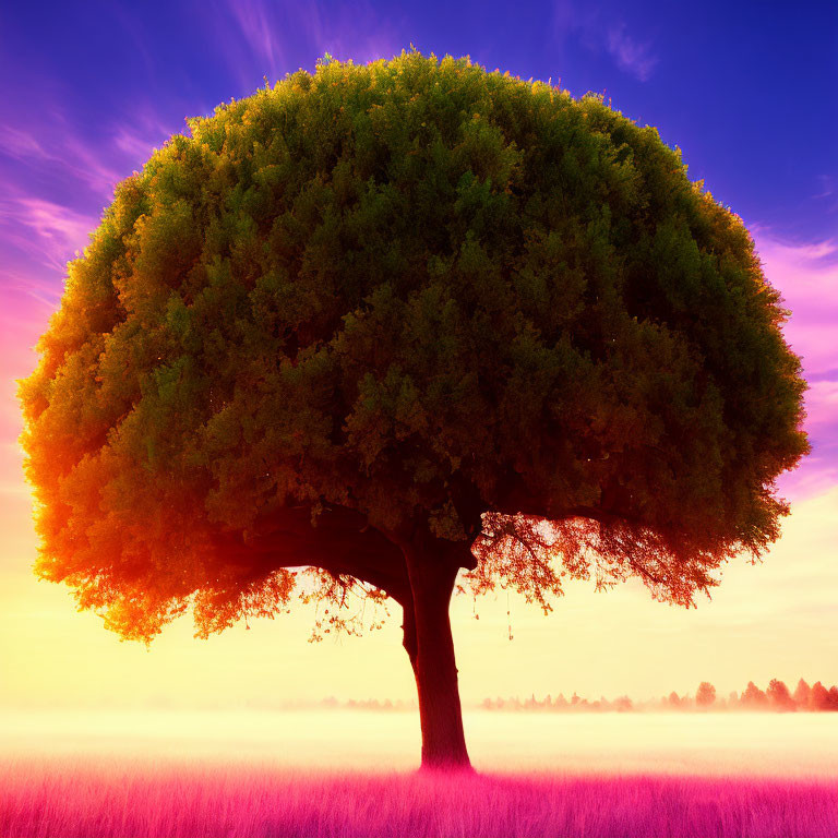 Lush canopy tree in vibrant purple field at dawn