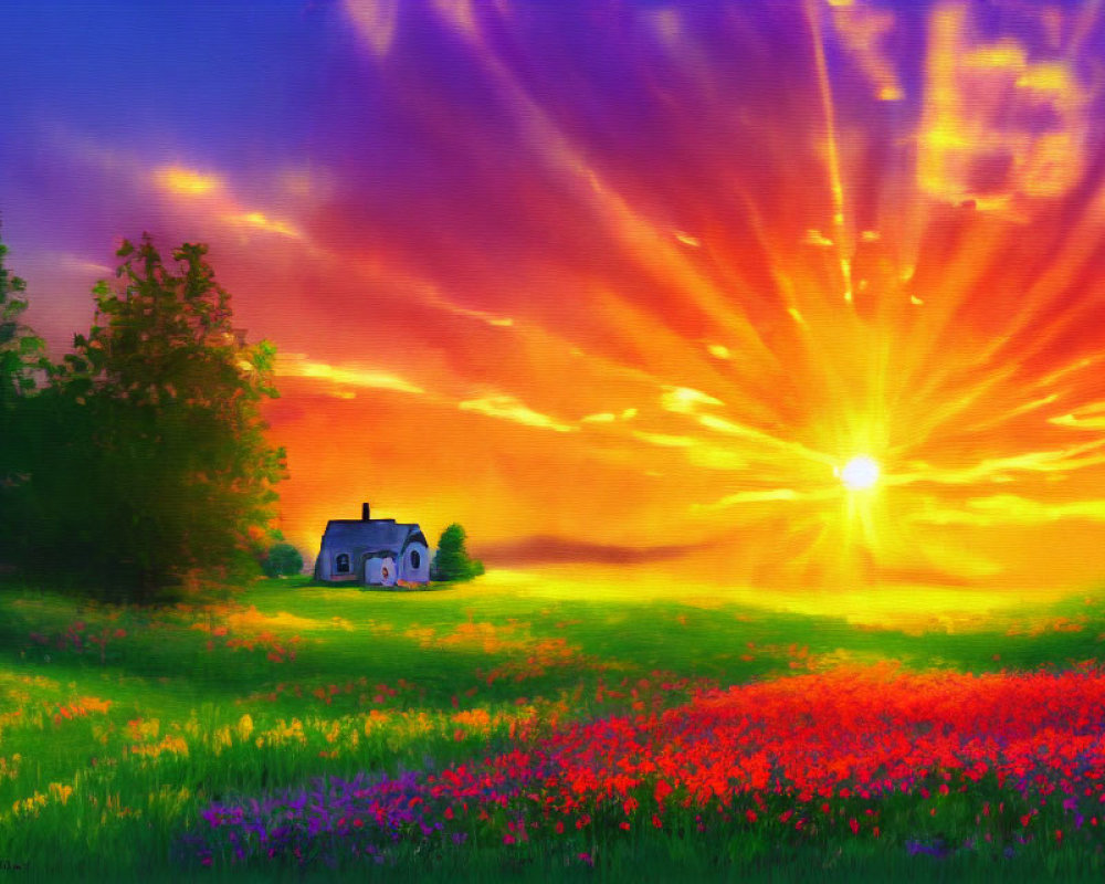 Colorful countryside sunset painting with small house and flower fields.