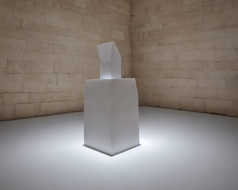 Minimalist Sculpture on Pedestal in Stone-Walled Room