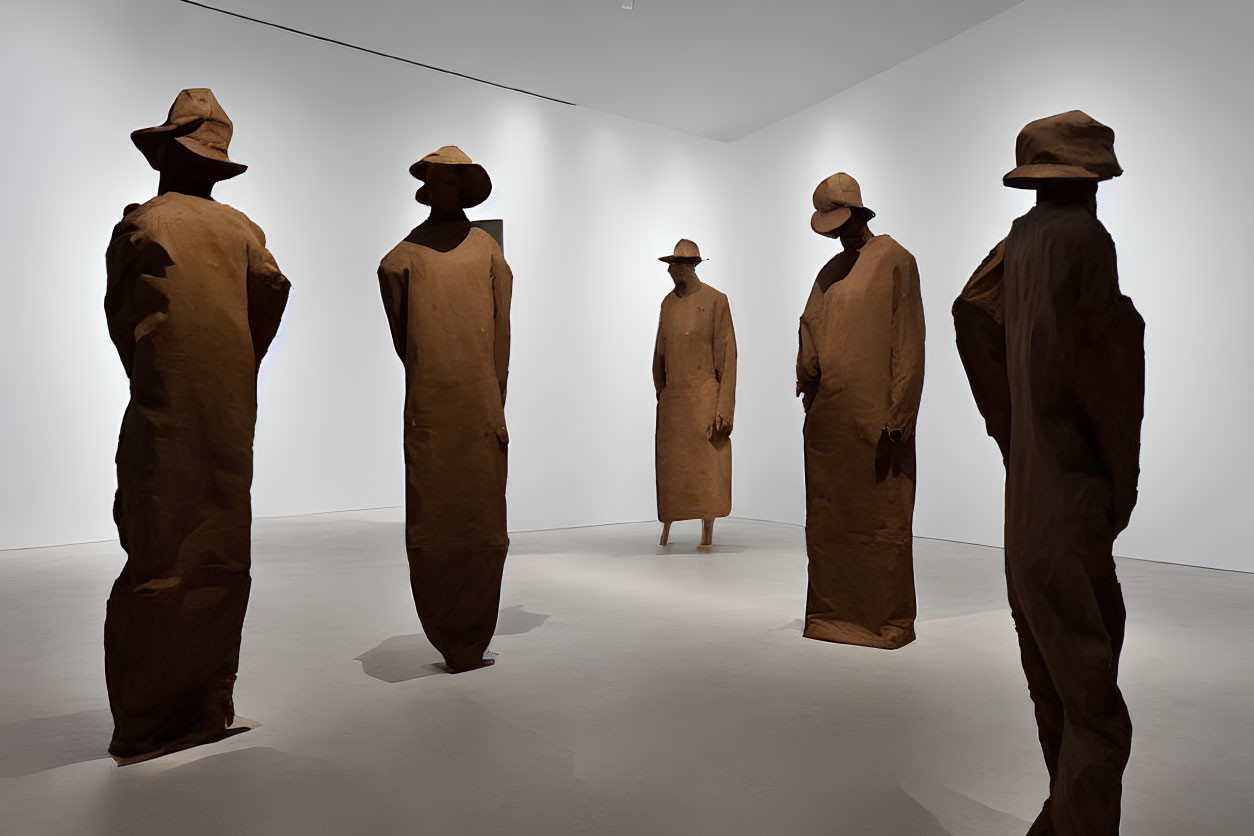 Oversized Hat Sculptural Figures in Eerie Group Setting