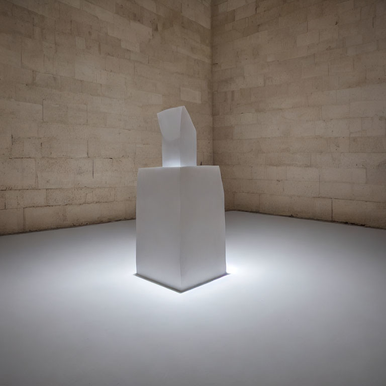 Minimalist Sculpture on Pedestal in Stone-Walled Room