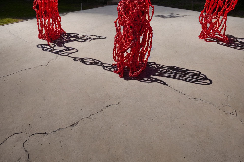 Red Rope Sculptural Installations Casting Shadows on Cracked Concrete Surface