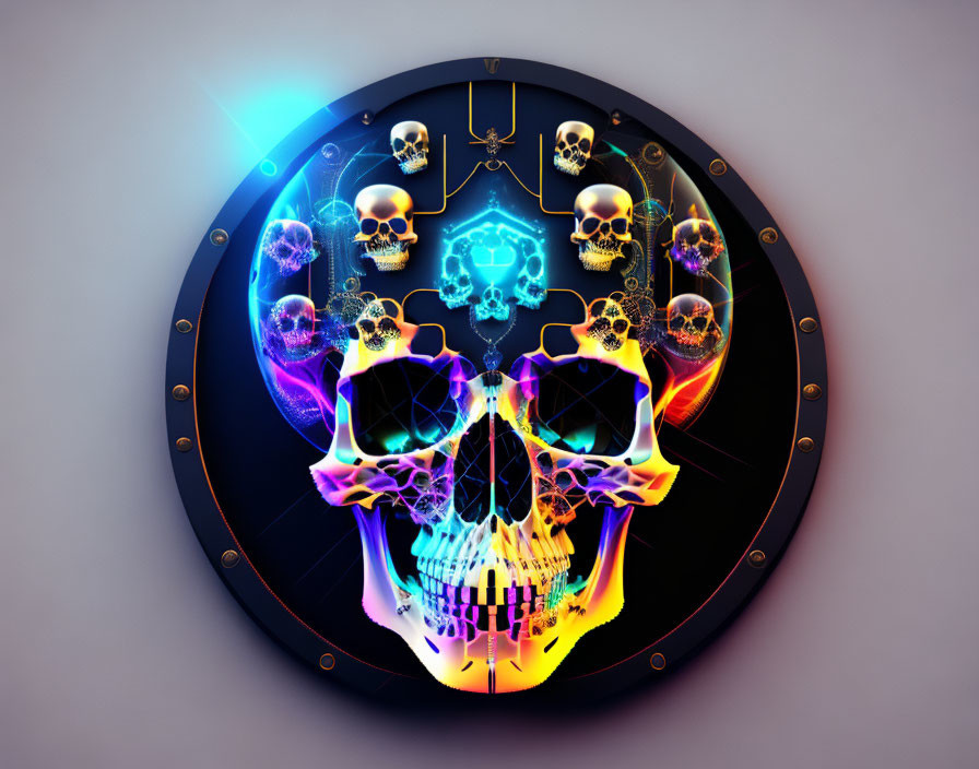 Neon-colored skull digital artwork with fractal elements in circular frame