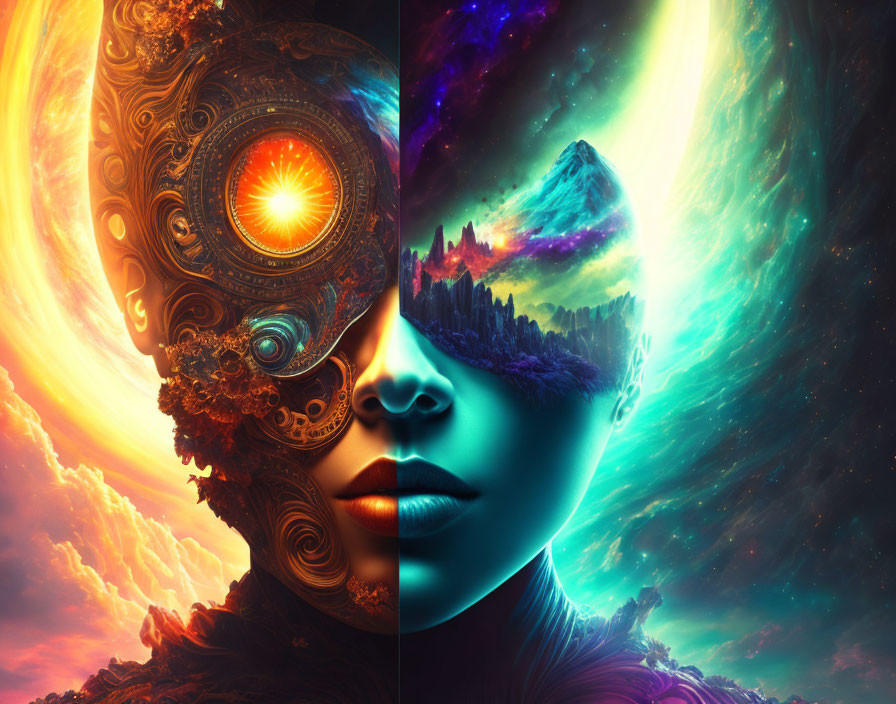 Mechanical eye, celestial bodies, and serene woman's face merge in split-face image