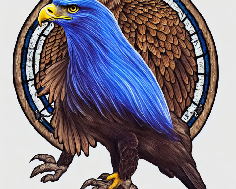 Detailed illustration of eagle with blue head and clock background