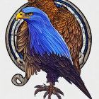 Detailed illustration of eagle with blue head and clock background