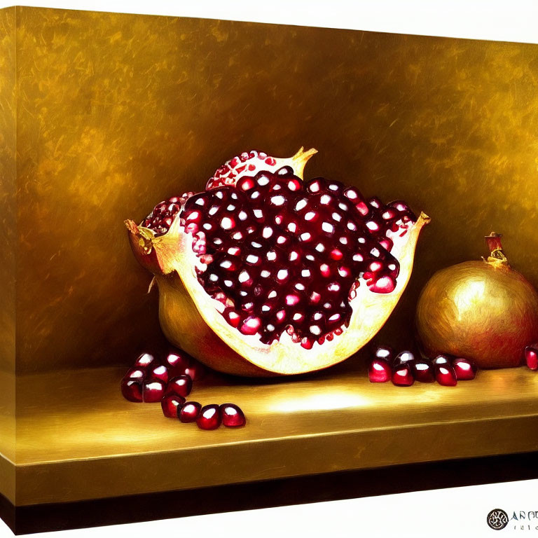 Still life oil painting: open pomegranate with seeds, whole fruit on golden shelf.