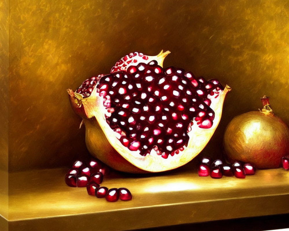 Still life oil painting: open pomegranate with seeds, whole fruit on golden shelf.