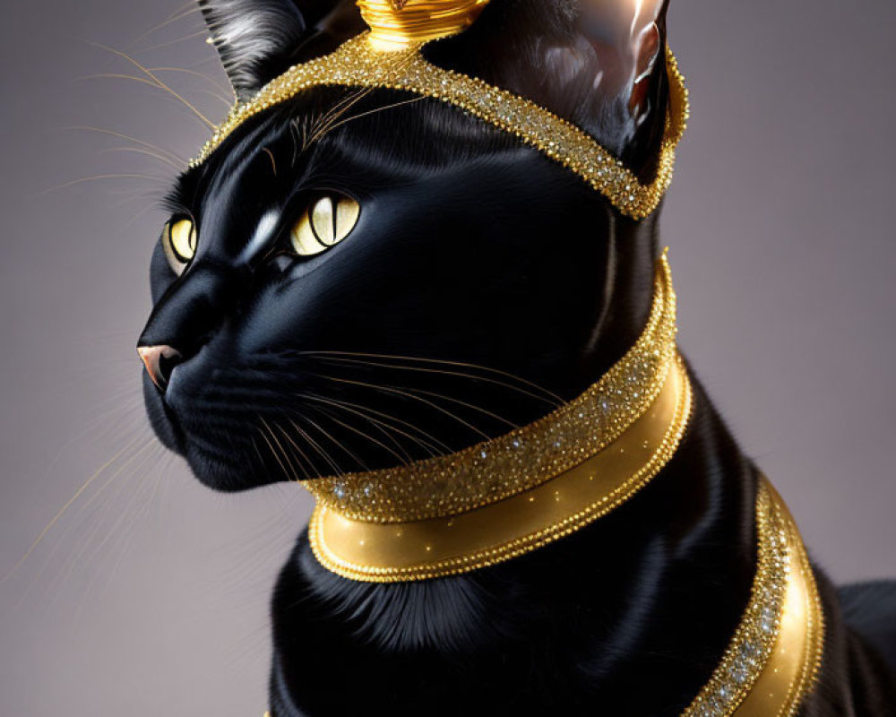 Black cat with gold jewelry on neutral background