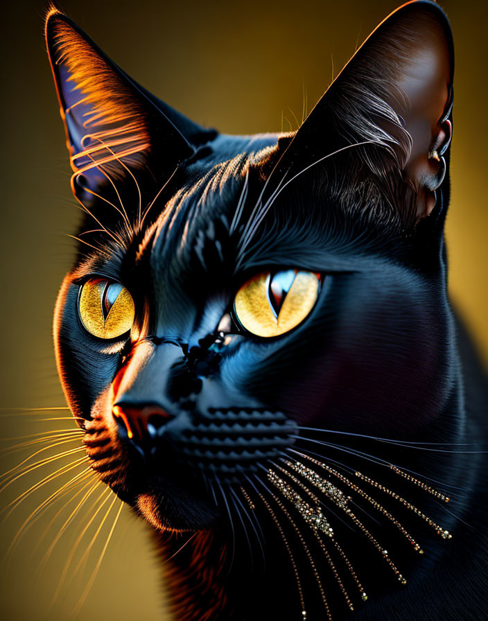 Black Cat with Golden Eyes and Whiskers on Yellow Background