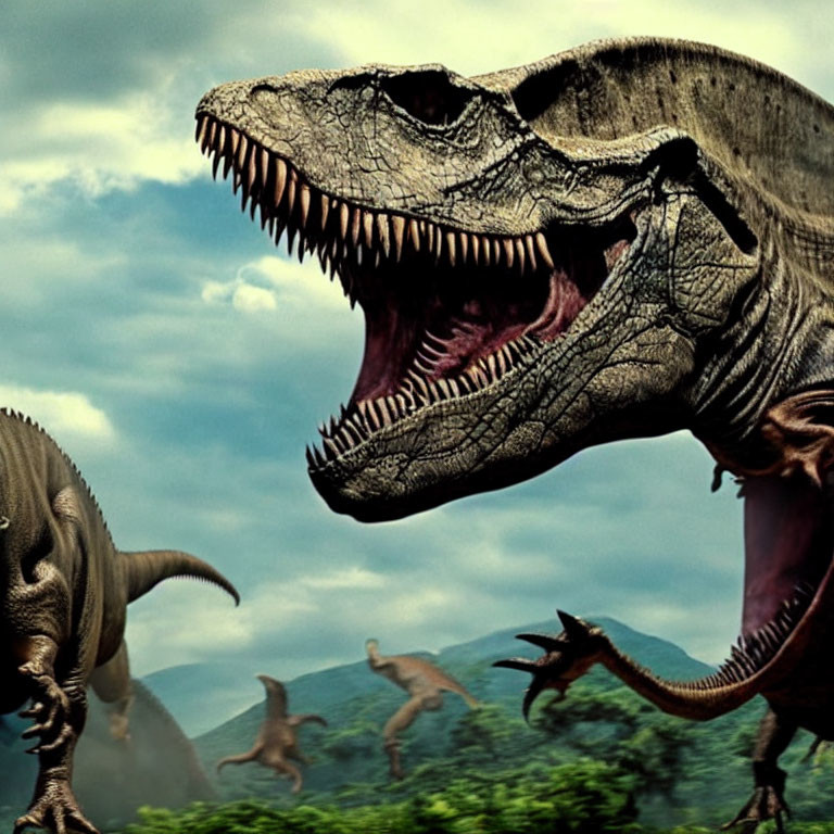 Multiple Tyrannosaurus rex in prehistoric landscape with cloudy skies