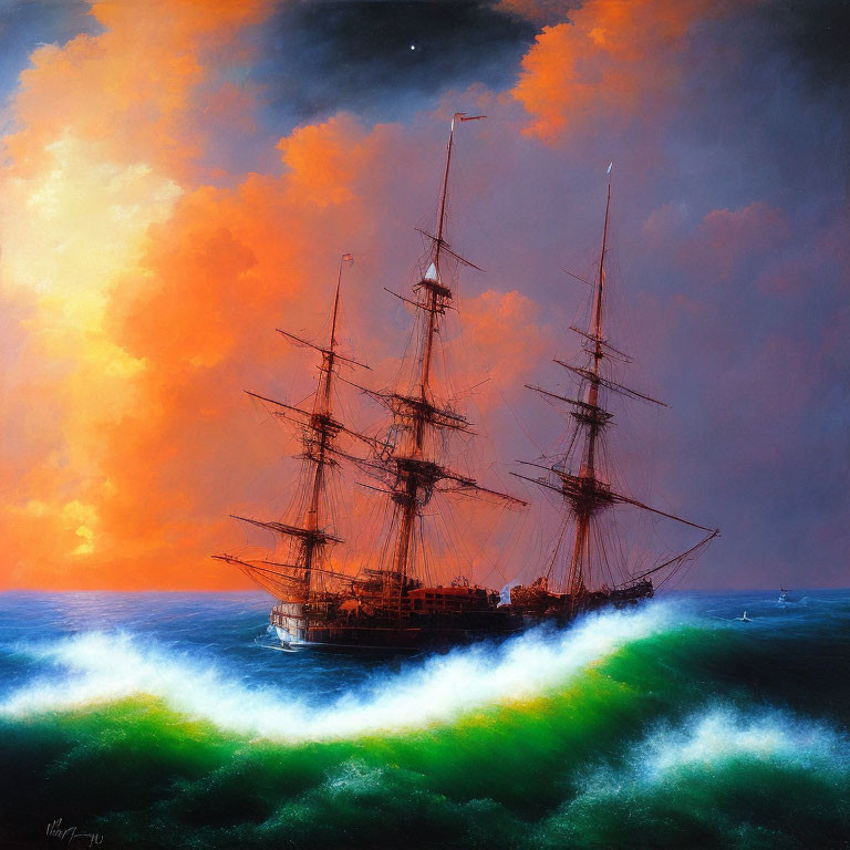 Vivid painting of two-masted sailing ship on tumultuous green waves under dramatic sky