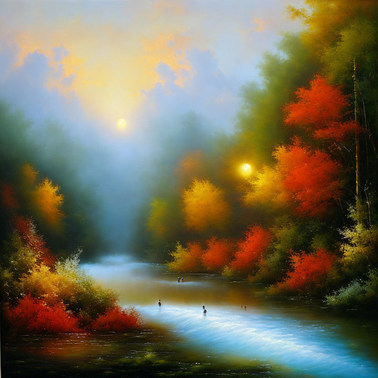 Tranquil autumn river landscape with colorful trees at sunrise or sunset