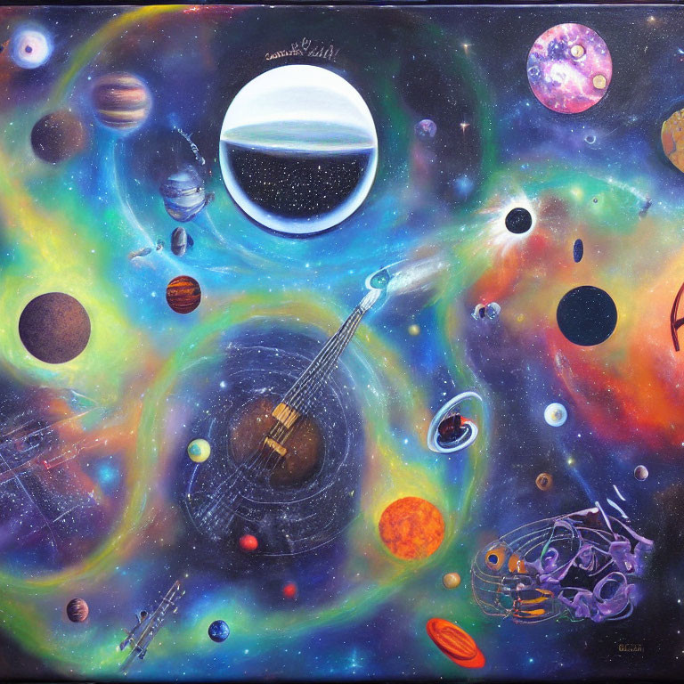 Cosmic surreal painting with guitar, planets, spaceman, and nebulae